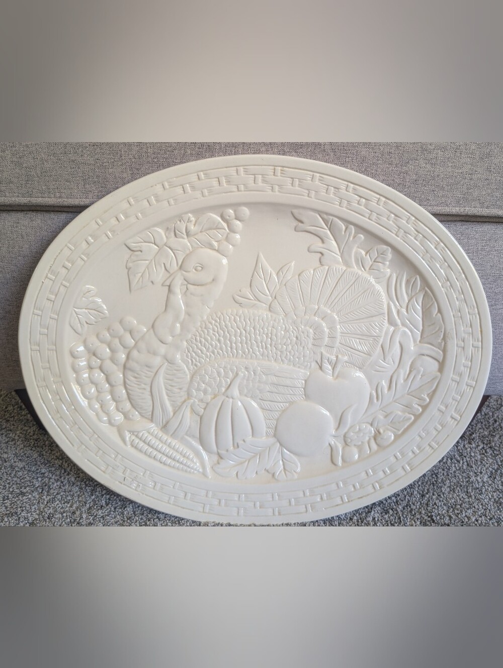 Vintage White Ceramic Oval Turkey Platter Embossed Thanksgiving 18.5"x14.5" Fall